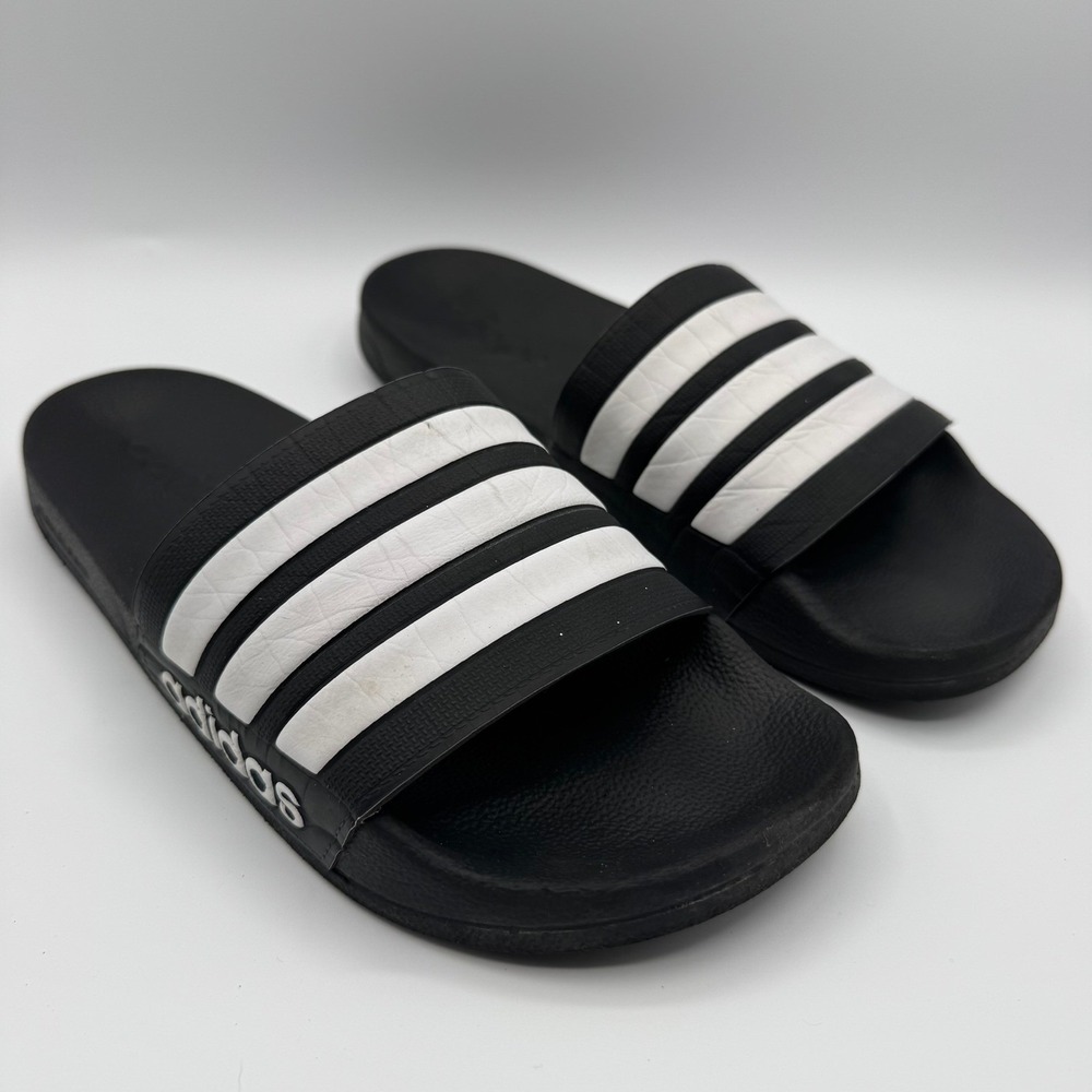 Adidas Adilette Men's 9 Black White 3-Stripe Slides Sandals Comfort Slip On